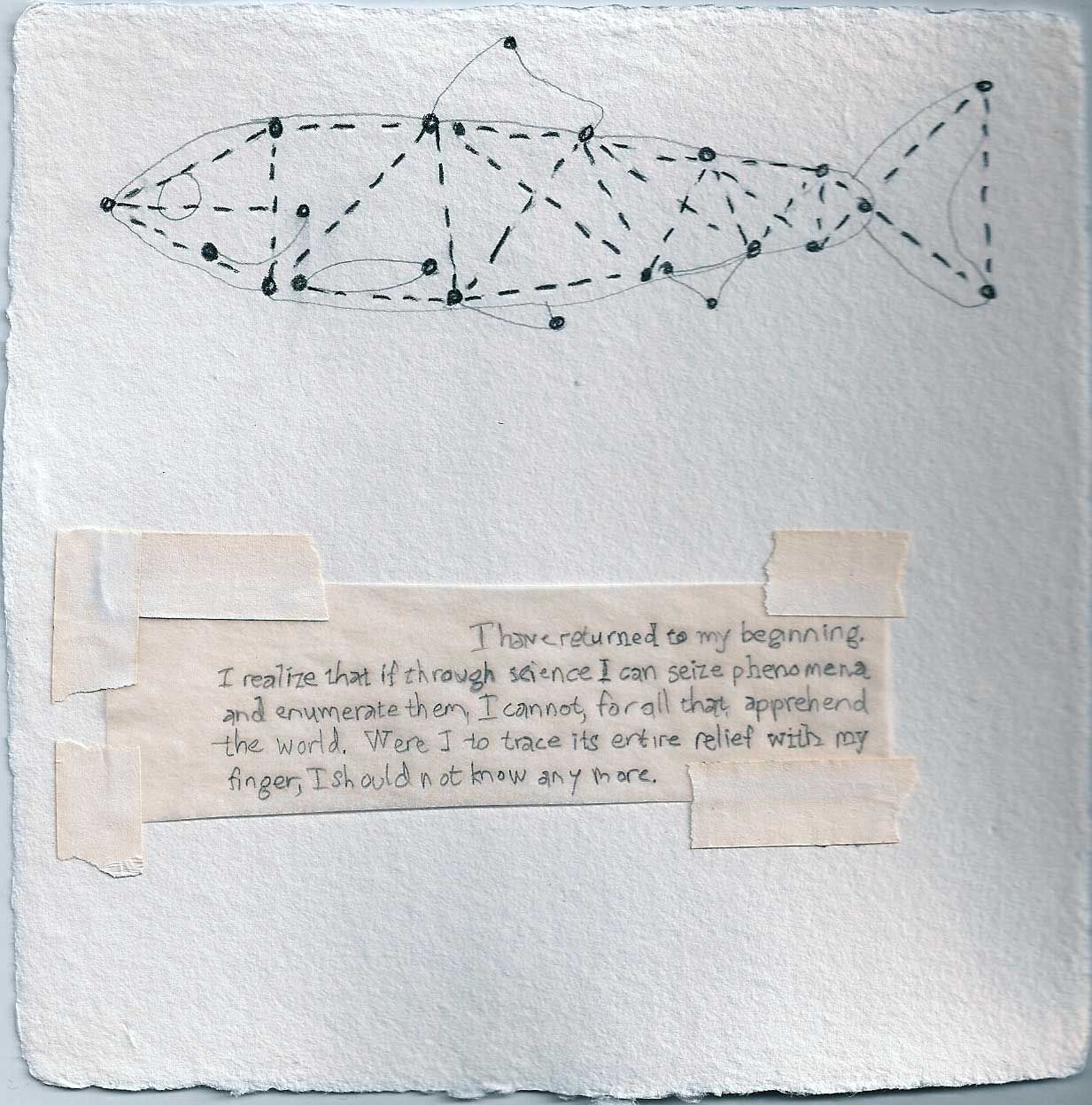 Drawing with Camus text: I have returned to my beginning